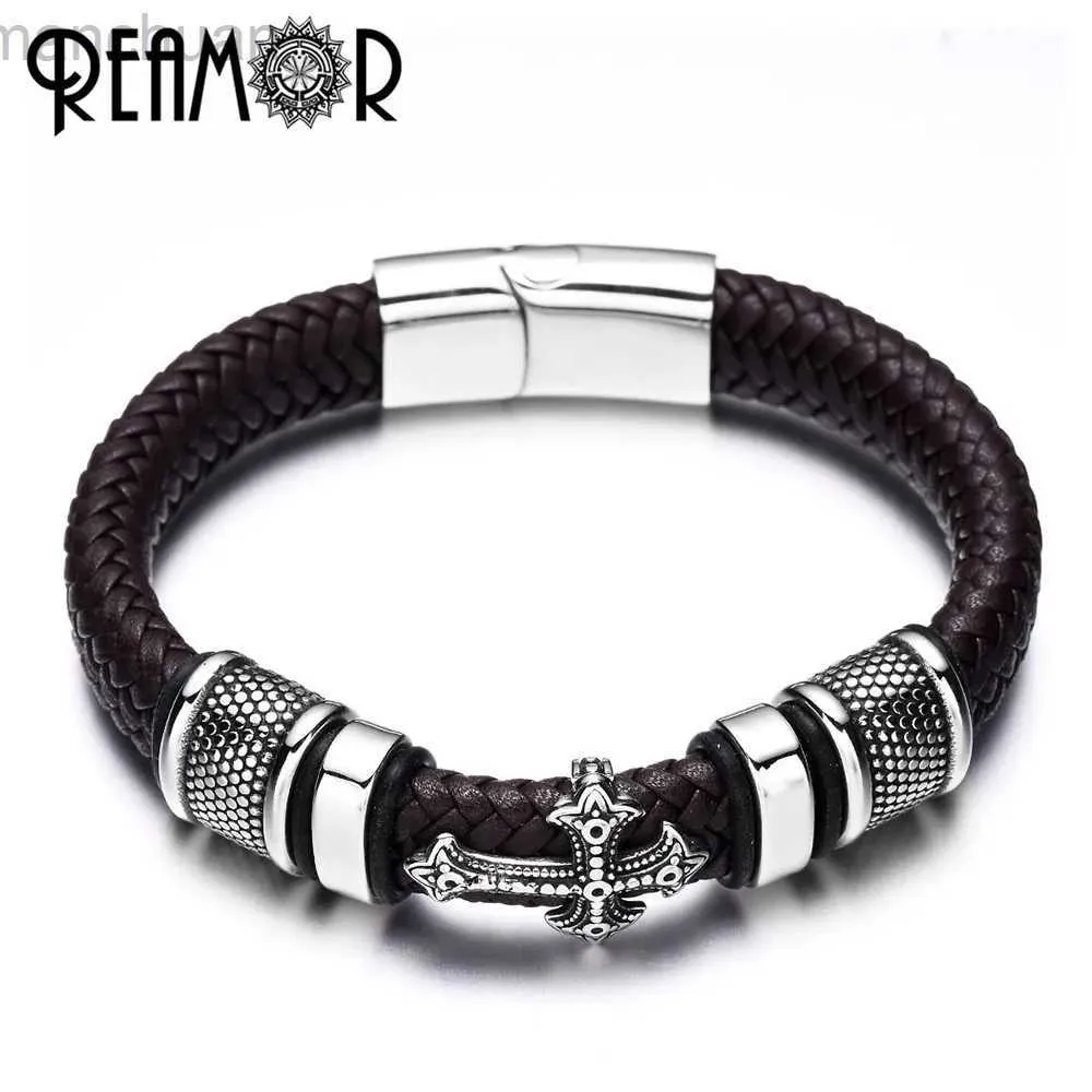 Bracelet REAMOR 12mm largeur tressé en cuir hommes Bracelets en acier inoxydable 316L croix charmes manchette Bracelets Bracelets à la mode bijoux masculins ldd240312