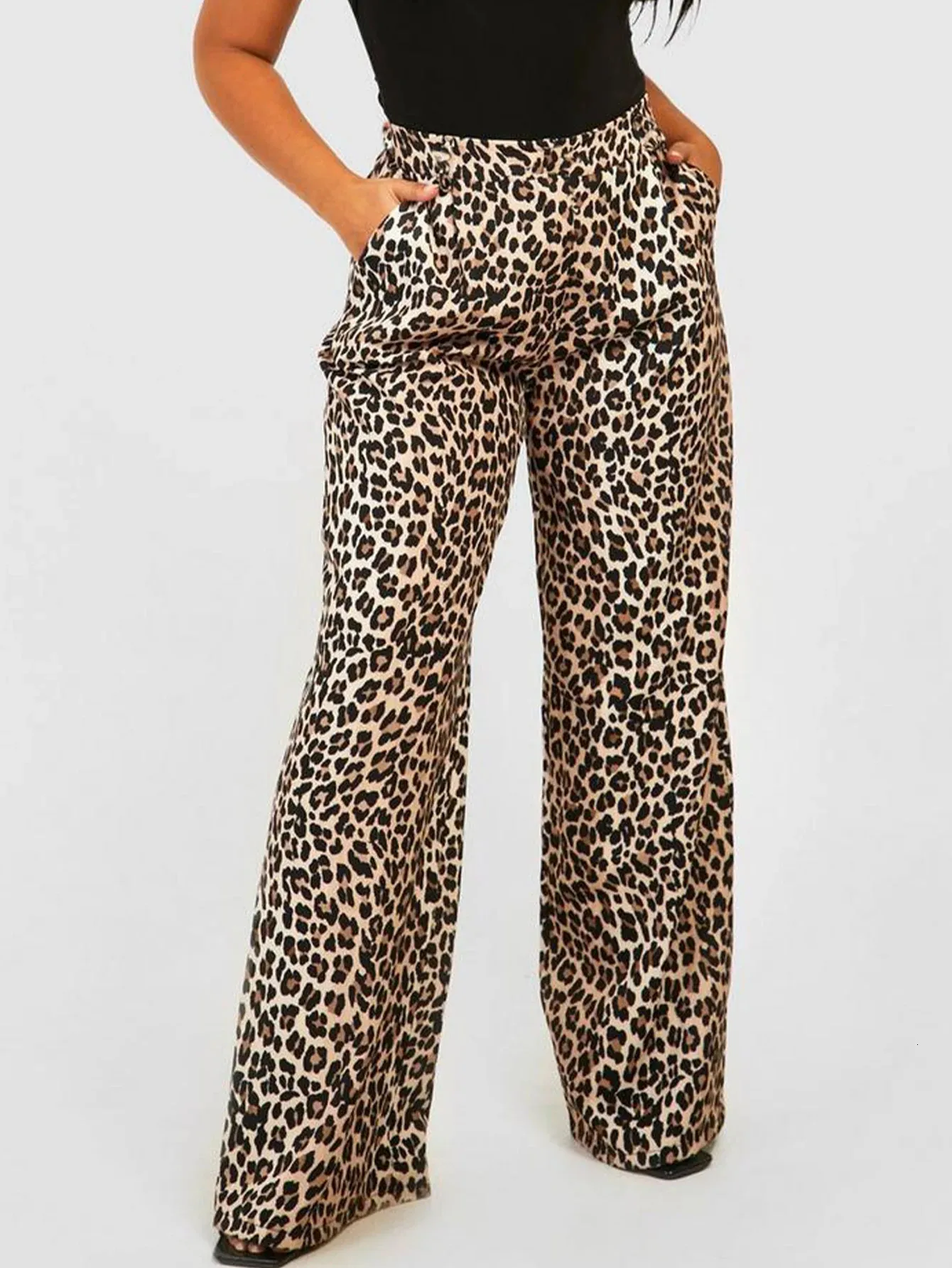 Pantalon surdimensionné décontracté imprimé léopard pour femmes avec poches à taille élastique, vente en gros, pantalon à jambes larges 240229