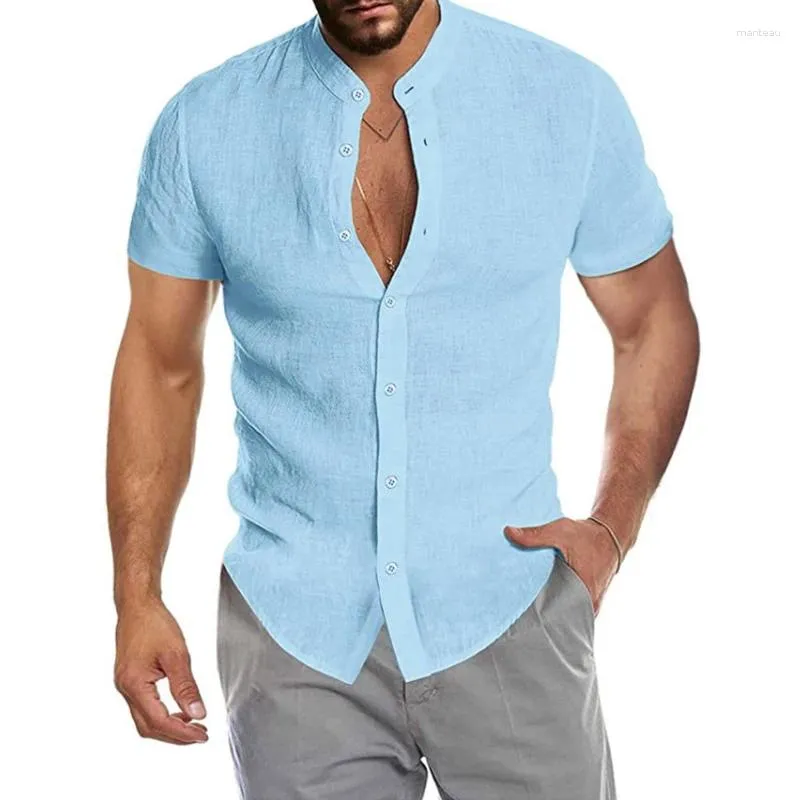 Men's Casual Shirts Style T Shirt Tees Men 2024 Button Stand Collar Summer Clothing Fashion Solid Short Sleeve Cardigan Top