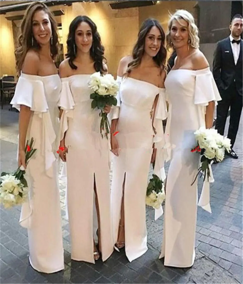 Belles longues robes de demoiselle d'honneur blanches 2020 à manches courtes robes de demoiselle d'honneur avant fendues col bateau élastique satin pas cher mariage Pa3744325