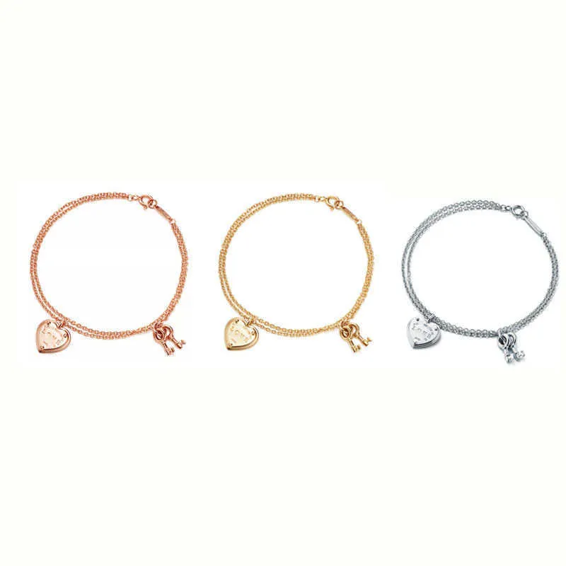 Designer Nische Tiffay & Co 925 versilbertes Roségold Herzförmiges Schlüssel-Doppelschicht-Armband Di love sweet style