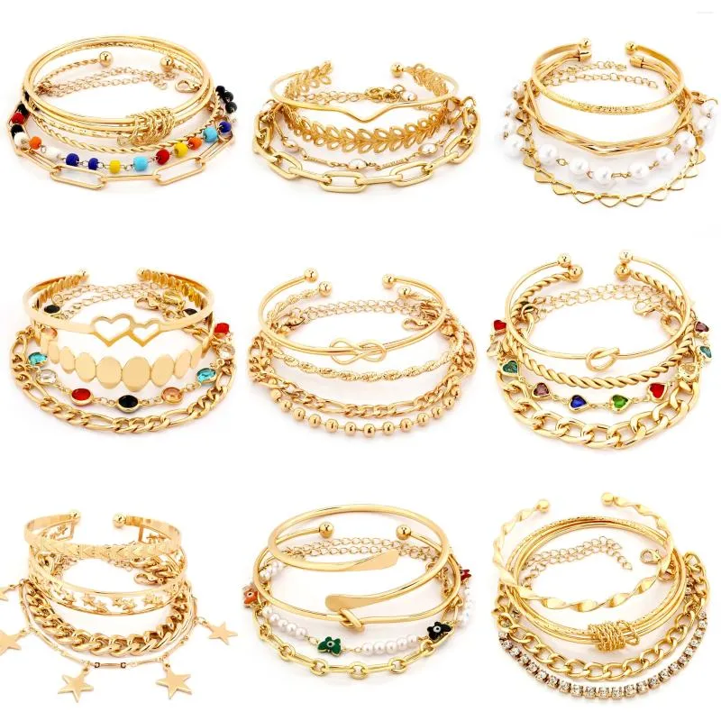 Bangle 4PC Fashion Link Chain Gold Color Metal Bracelet Set For Women Exquisite Personalized Rhinestone Jewelry Girl Gift