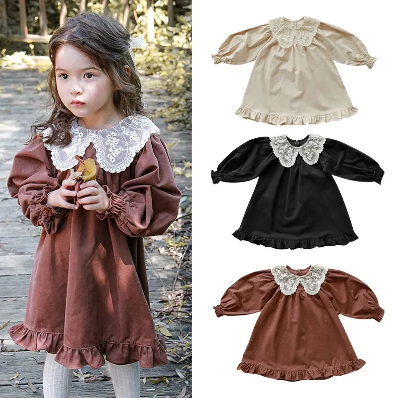 Koreaanse Herfst Jurk voor Baby Meisje Bruin Beige Zwart Lange Mouwen Kant Kraag Prinses Kinderkleding E828 240301