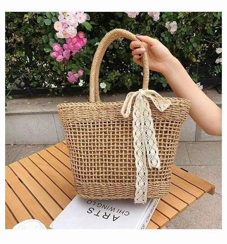 Sac tissé à main en paille pour femmes, Niche artistique française, mode d'été, vacances, grande capacité, épaule creuse avec nœud