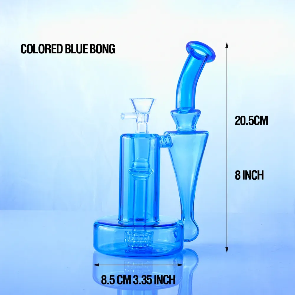 8 inch scientific glass bong blue unique recycler dab rig showerhead glass smoking pipe with bowl