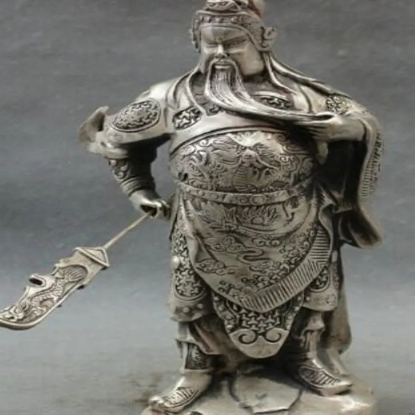 10 kinesiska Silver Dragon Head Loyalism Warrior Guangong Guan Yu God Statue Metal Handicraft288s