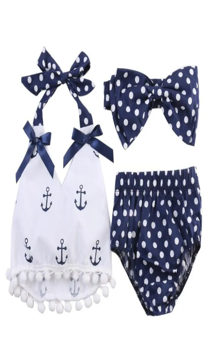 Småbarn Infant Baby Girls Clothes Anchors Tops Shirt Polka Dot Briefs Head Band 3PCS Outfits Set3796708