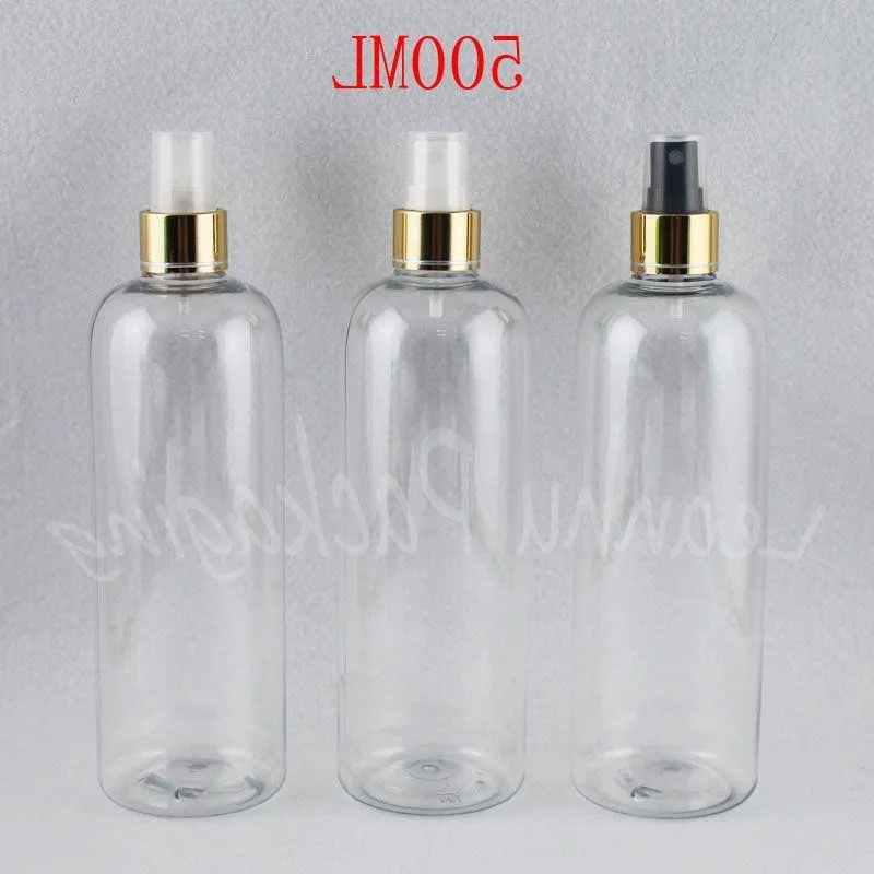 Bouteille en plastique transparente de 500ML avec pompe de pulvérisation dorée, récipient cosmétique vide de 500CC, bouteille d'emballage de Toner/eau Mfmhj