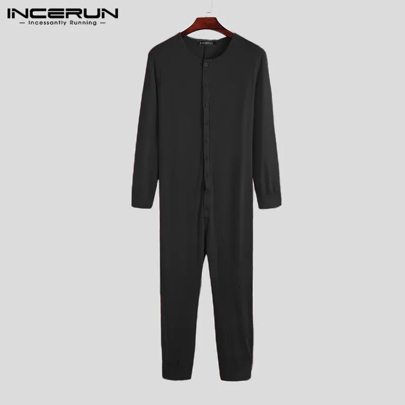 Mens Jumpsuit Pajamas Homewear Solid Color Long Sleeve Comfortable Sleepwear Button Leisure Men Rompers Nightwear S-5XL INCERUN 240227