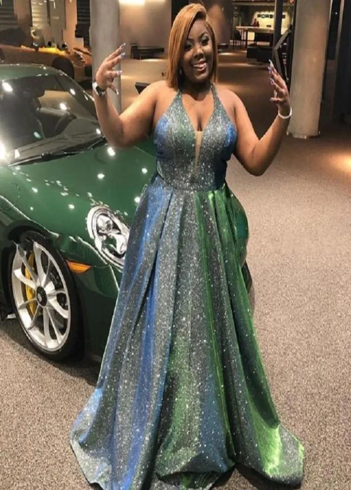 Glitter Grey Sequined Plus Size Prom Evening Elegant Dresses 2020 Halter Ruched Empire Waist Special Occasion Dress African Black 9500014