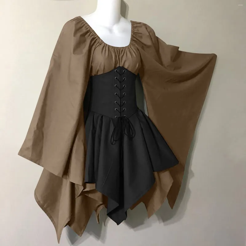 Robes décontractées Robe de chemise à manches évasées médiévales pour femmes Costumes d'Halloween Vintage Gothic Lace Up Bandage Party A Line Robes