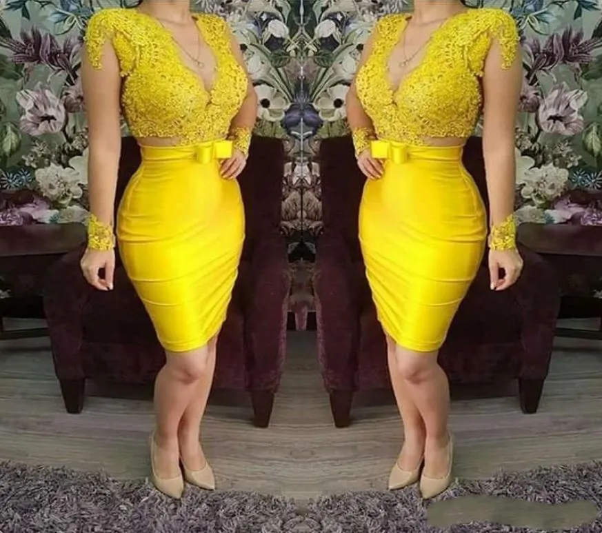 2020 Sexy Yellow Lace Evening Formal Dresses Long Short Prom Cocktail Dresses Robe De Soiree Robe Soiree3349281