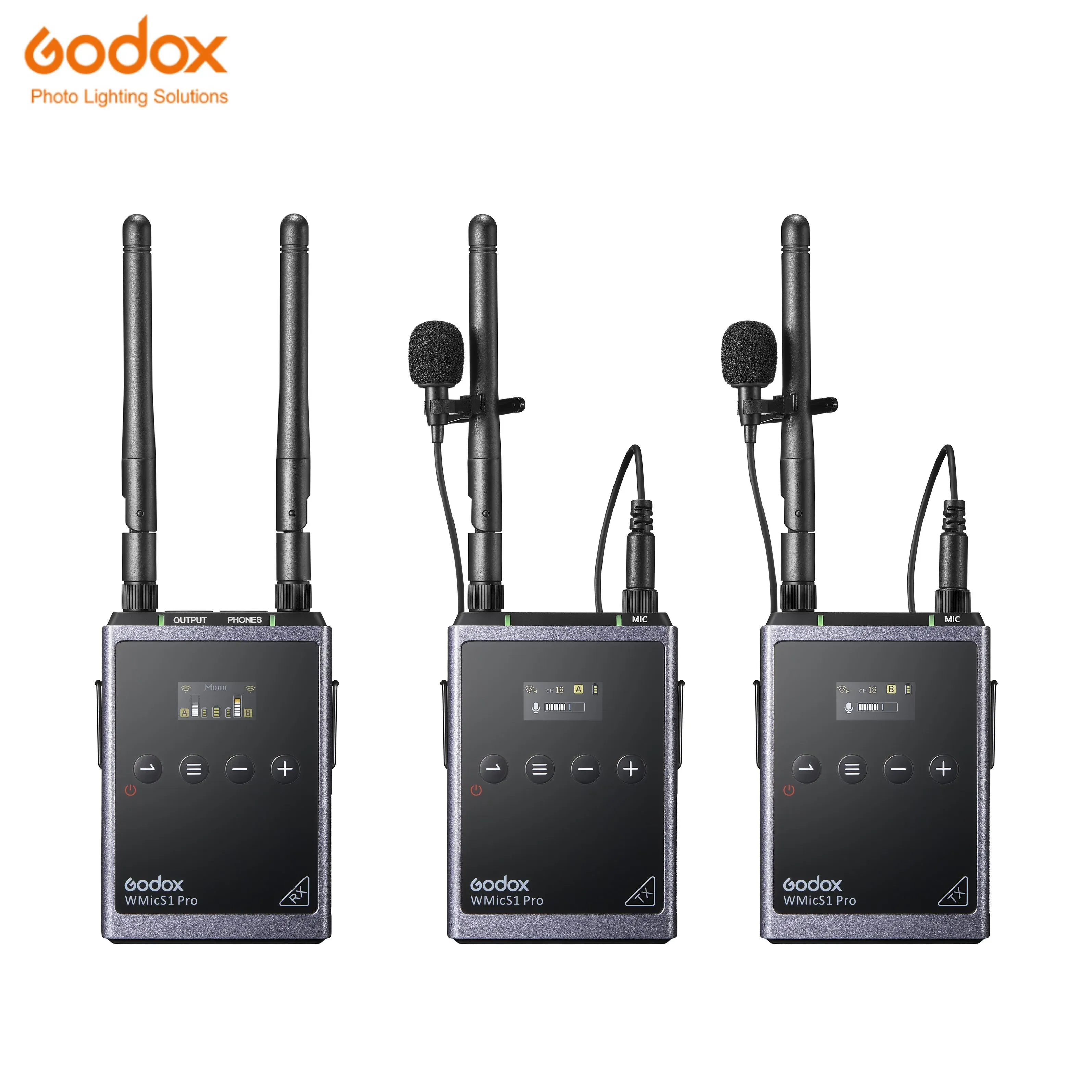 Microfoni Godox WMicS1 Pro CameraMount UHF Full Metal Sistema microfonico Omni Lavalier wireless a doppio canale (da 514 a 596 MHz)