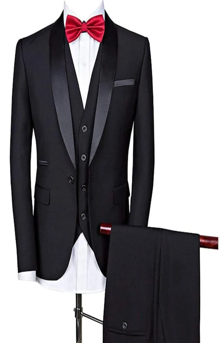 Solovedress preto três peças festa de negócios ternos masculinos xale lapela blazer feito sob encomenda do noivo do casamento smoking fino ajuste jaqueta p5203700