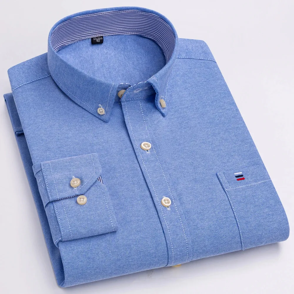Herren-Oxford-Hemd aus 100 % Baumwolle mit Karomuster, langärmlig, aufgesetzte Brusttasche mit Knopfleiste, gestreift, vielseitige Freizeithemden 240312