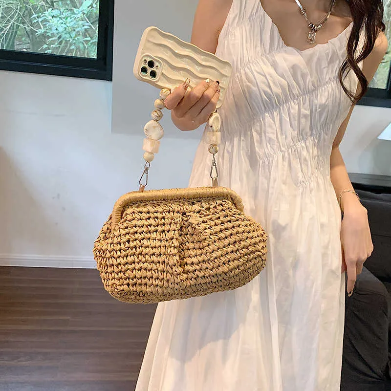 2024 Trendy Woven Straw Shell Shoulder Bag Summer Beach Vacation Underarm  Purse