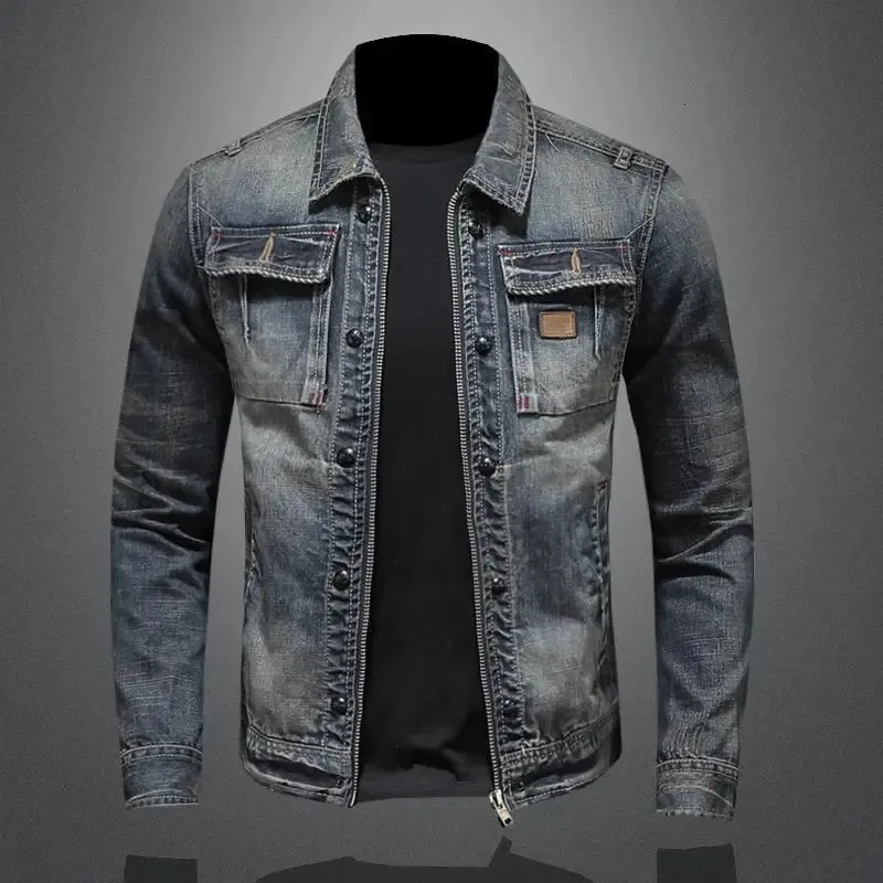 Mens Retro Classic Denim Jacket Autumn Street Trend Stilig Riding Windproof Mens Clothing High Street Casual Lapel Jacket 240304