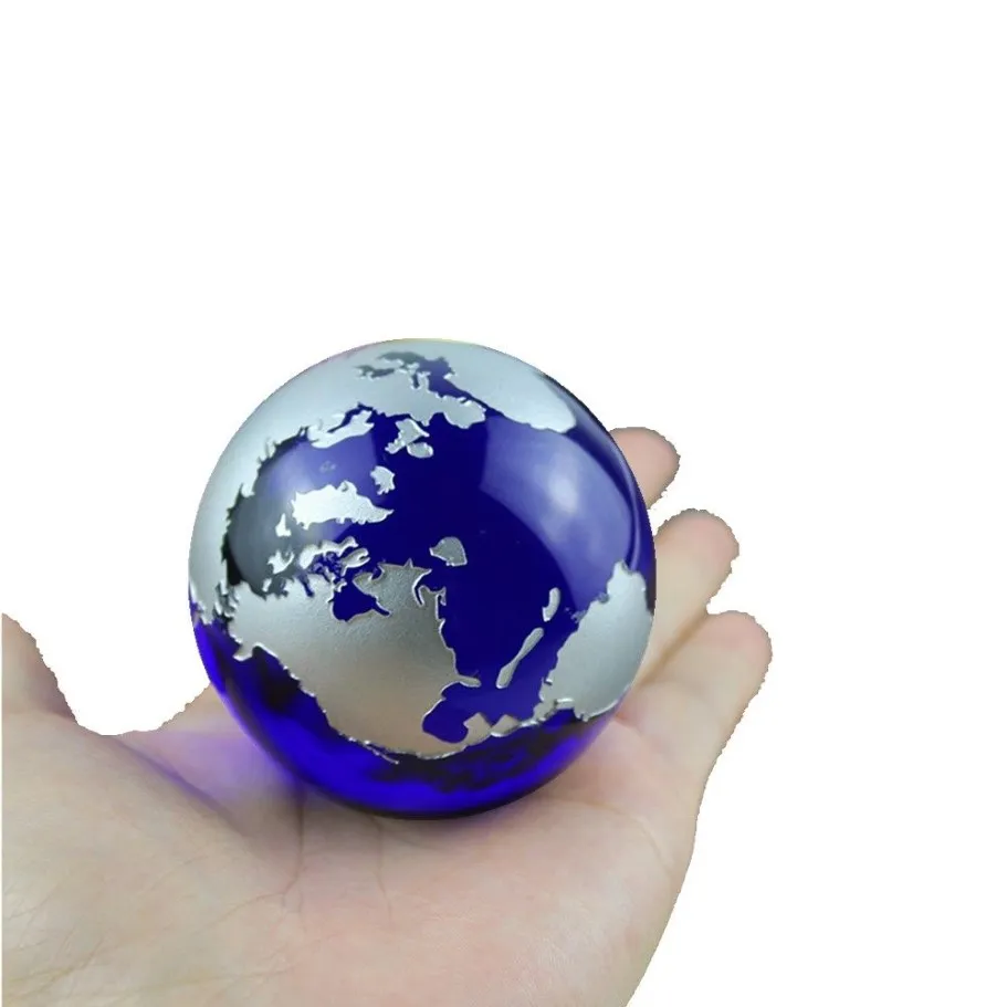 Crystal Blue Marbles Globe Mapa Światowy Kwarc Kryształy sfera Terrarium Biurka Ozdoby morskie wystrój domu279n