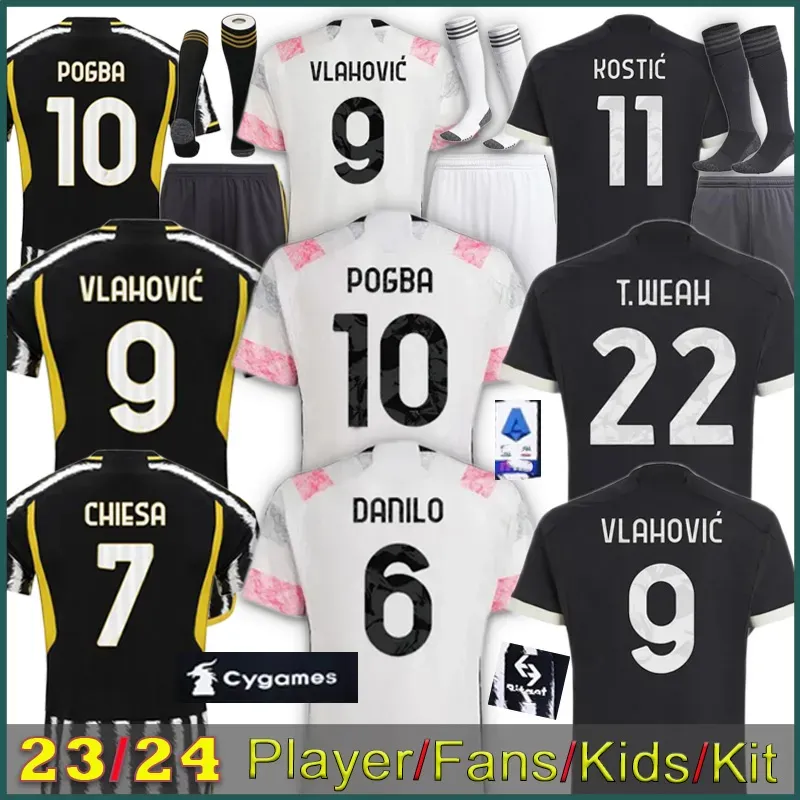 23/24 Juventu Soccer Soccer Ai fan di casa Versione Di Maria Vlahovic Kean Pogba Chiesa McKennie Locatelli Top Maglie Juve Kits Kids Kids