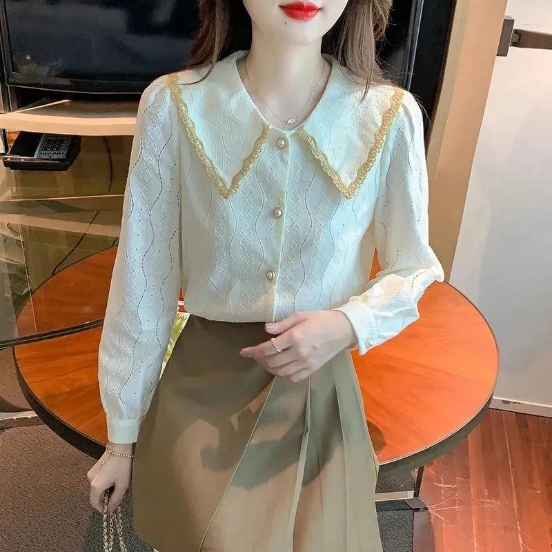 Vrouwen Blouses Vrouwen Lente Herfst Beige Shirts Lady Fashion Casual Kant Volledige Mouw Turn-down Kraag Blusas Tops G2867