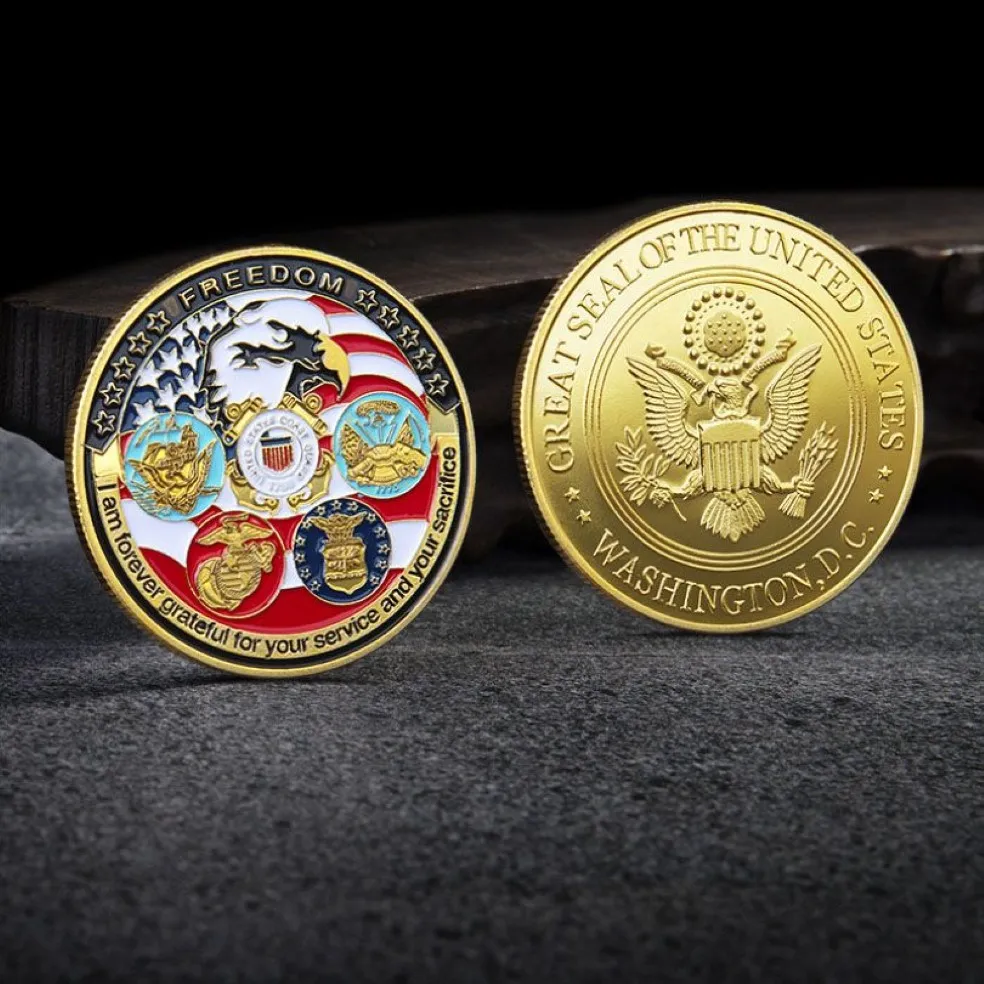 Artisanat USA Navy USAF USMC Army DOAST Guard dom Eagle 24K Gold Plate Rare Challenge Coin Collection pour cinq militaires majeurs nat225H