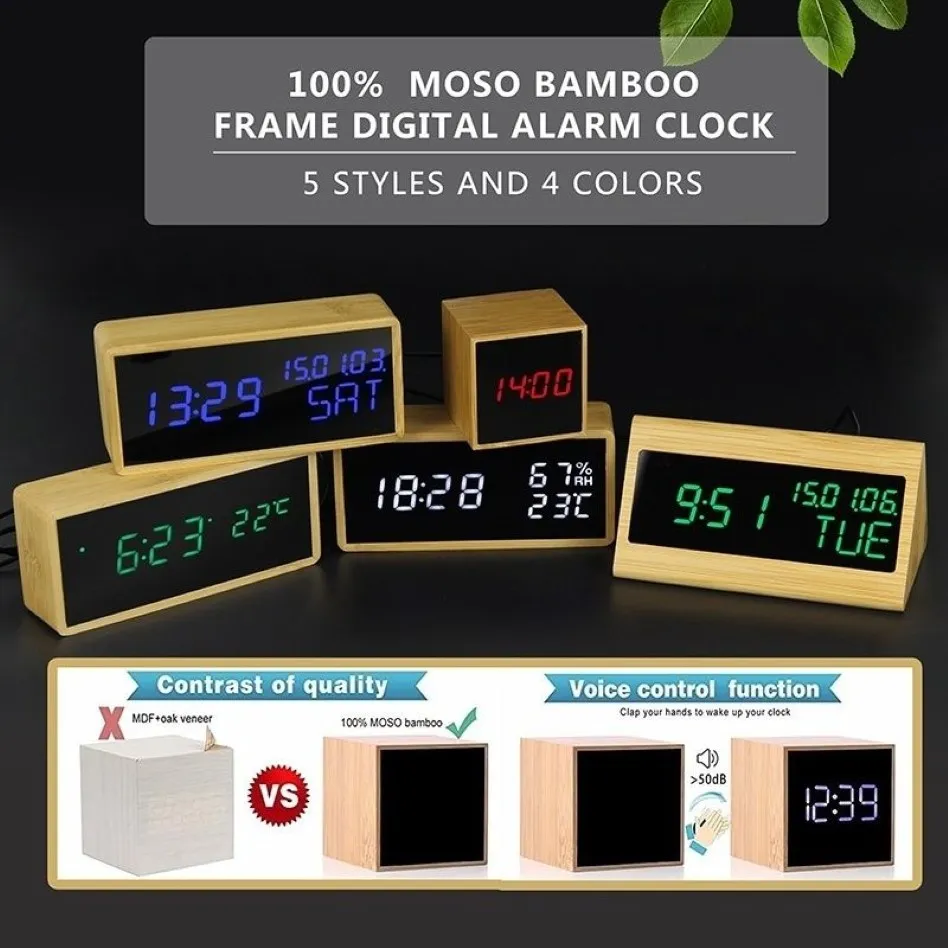 100% Bamboe Digitale Wekker Verstelbare Helderheid Spraakbediening Bureau Groot Display Tijd Temperatuur USB Werkt op Batterijen LJ2012288A