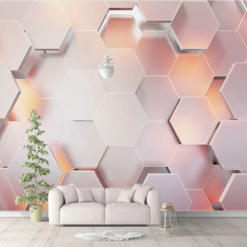 Custom 3D Wallpaper Modern Simple Pink Pentagon Geometric Wall Paper Living Room Bedroom Abstract Art Murals Papel De Parede 3 D245i