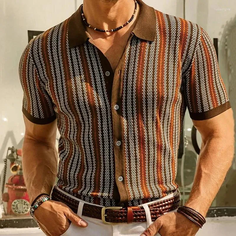 Camisas casuais masculinas verão listra de luxo impresso malha pola pescoço manga curta botão para baixo t-shirts para homens vintage negócios malhas 36gz