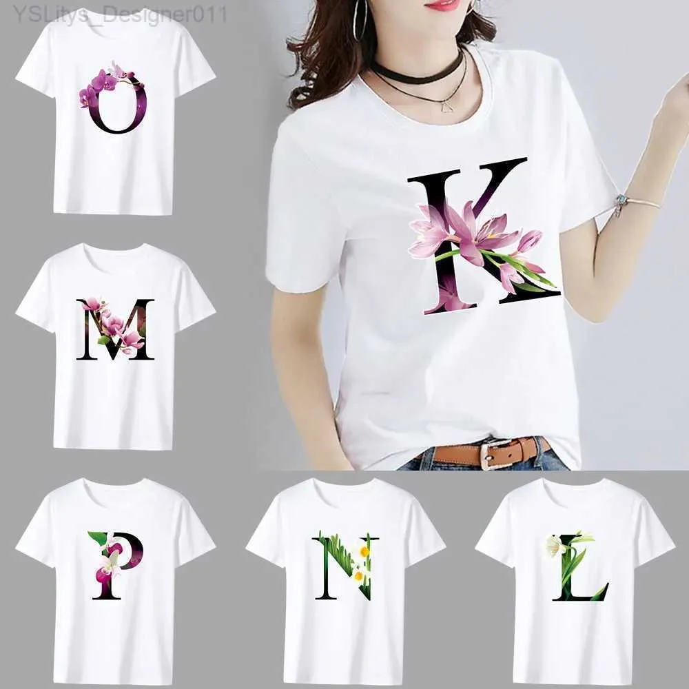 Damen-T-Shirt, Buchstabenkombination, modisches Damen-T-Shirt, Blumenfarbe, Buchstabenschrift, A B C D E F G, kurze Oberteile, weißes T-Shirt, Kleidungsoberteile, L24312, L24312