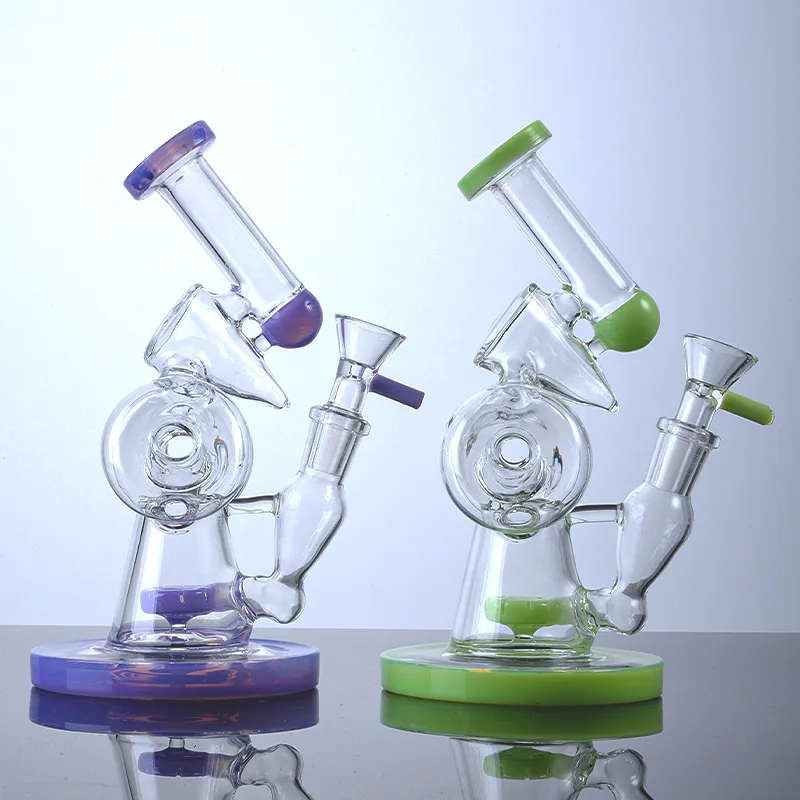 Hockahs Unique Glass Bong Double Recycler Slitted Donut Percolator Sidecar 14mm Female Joint Water Pipe XL-320