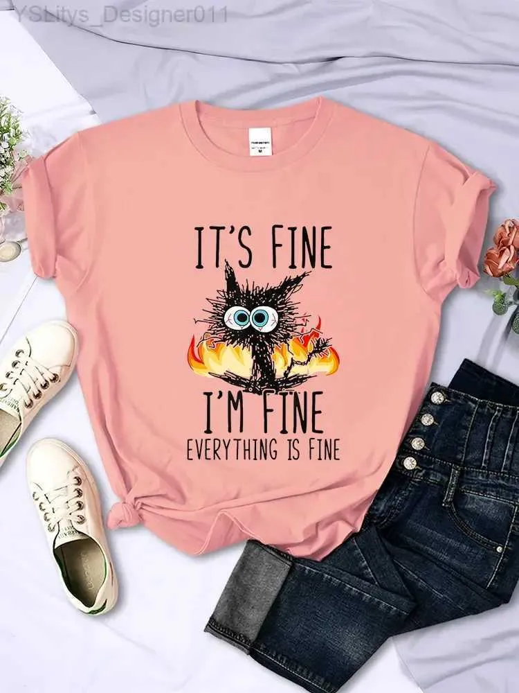 Женская футболка Lovely Funny Black Cat Футболка It's Fine Im Fine rythings Fine Tees Harajuku Streetwear Котята Любители кошек Рубашки для женщин L24312 L24312