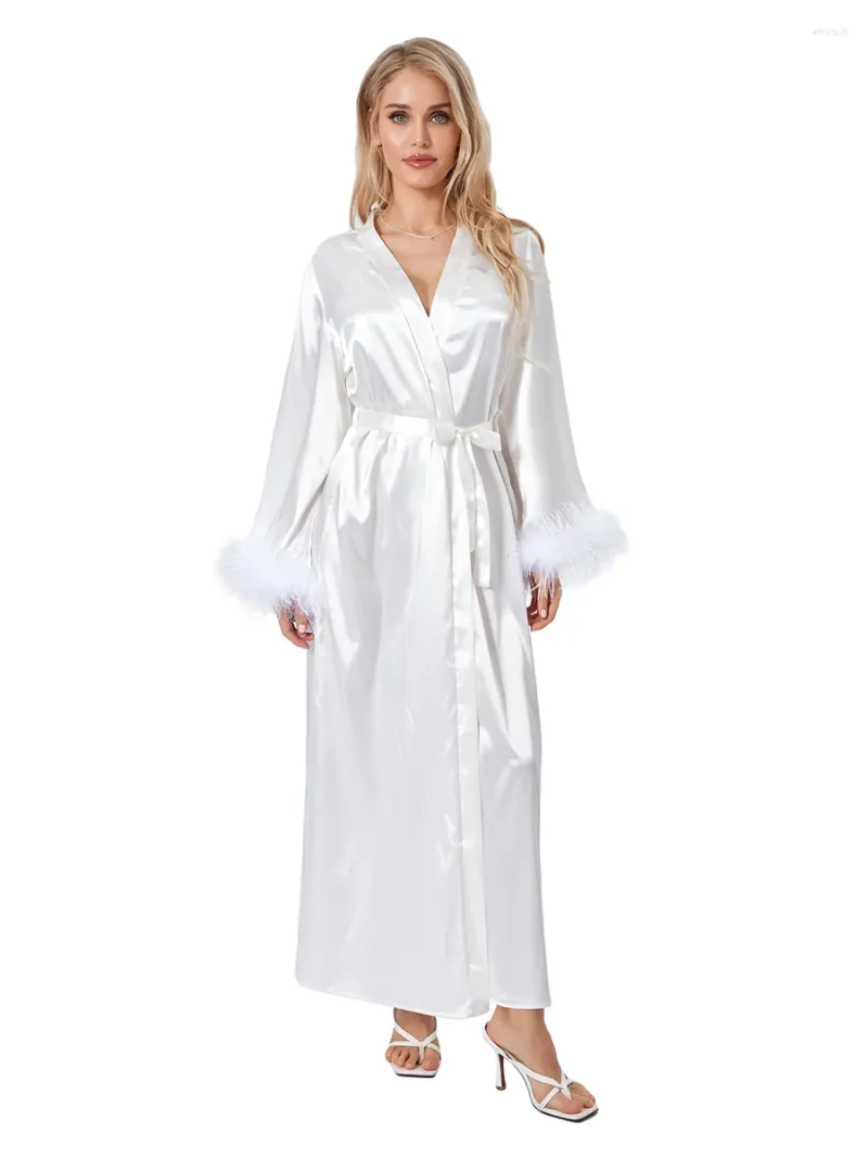 Women's Sleepwear Women Spa Night Robe Feather Patchwork Long Sleeve Lightweight Kimono Bathrobe For Soft Pajama Loungewear Nightwear