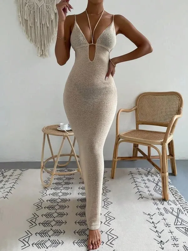 2024 Hot Style Women's Dresses Pure Desire Sexig ihålig bindande halter spaghetti rem skarvning klänning lång tjej kjol