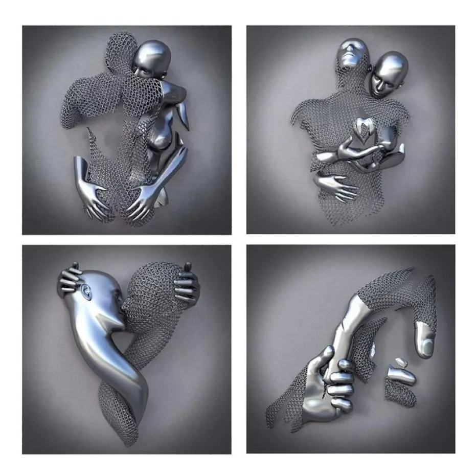 Peintures 4pcs Love Heart 3D Effet Wall Art Abstrait Metal Figure Statue Art Toile Peinture 19 7 pouces Moderne Home Decor253E