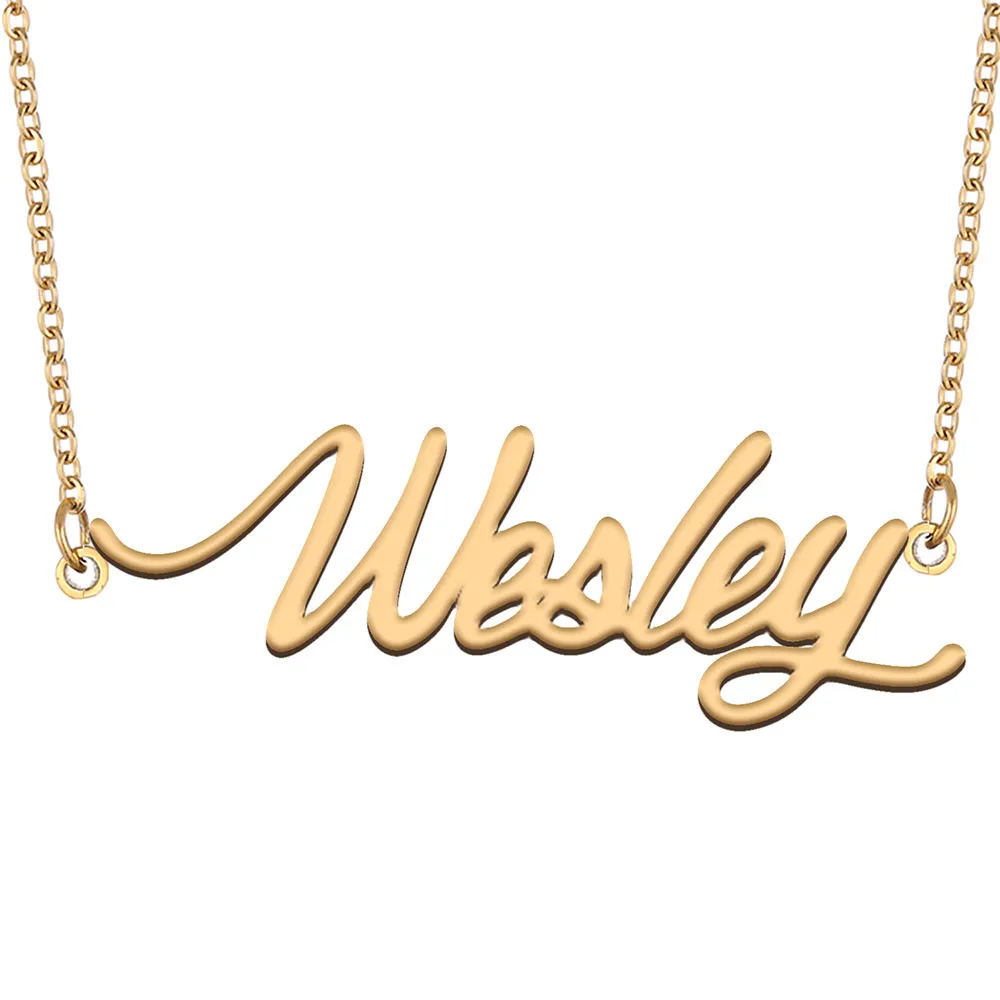 Wesley Namenshalskette, individueller Namensschild-Anhänger für Frauen, Mädchen, Geburtstagsgeschenk, Kinder, beste Freunde, Schmuck, 18 Karat vergoldeter Edelstahl