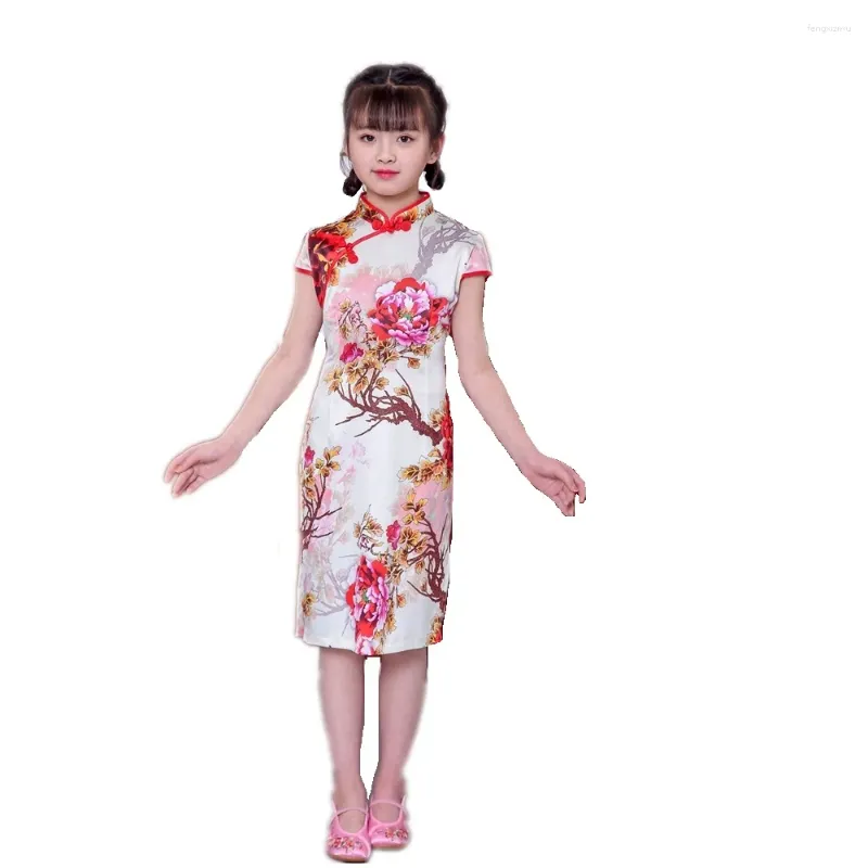 Robes de fille pivoine Qipao robe fleur de soie enfants robes une pièce vêtements fille Cheongsam fête Chi-Pao uniforme tenues Costumes