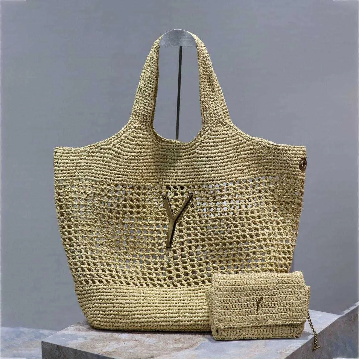 20A Mirror Quality Designer Icare Raffia Tote Bags Womens Summer Beach Shopping Bag Luxurys Handbags Maxi Purse Shoulder Composite Bags With Small Pouch 240315