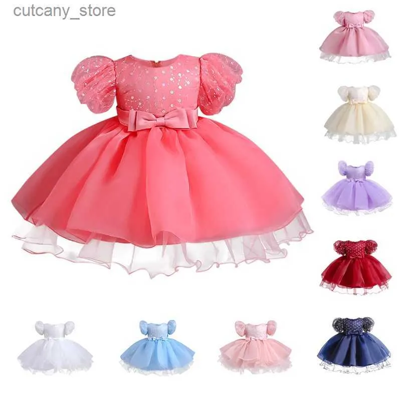 Vestidos de niña Nuevo primer cumpleaños para niños Vestido de fiesta de cumpleaños de princesa Lentejuelas Manga de burbuja Vestido de malla de encaje Vestido esponjoso Vestido de cena de comunión L240317