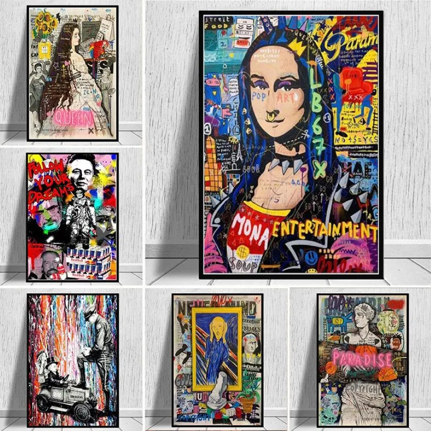 Mona Lisa Mona Lisa Graffiti Wall Art na zabawnym płótnie na ścianie malowanie artystycznych zdjęć do salonu Dekoracja domowa 290f