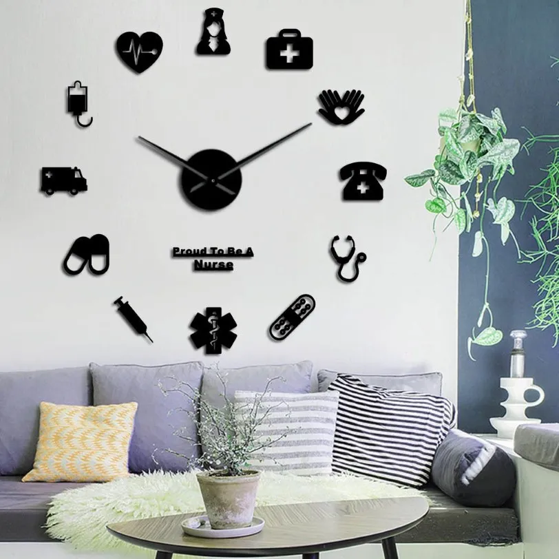 Trots om een verpleegster te zijn 3D DIY Mute spiegeleffect wandklok drogisterij ziekenhuis muur kunst decor klok horloge cadeau voor arts verpleegkundige Y20285T