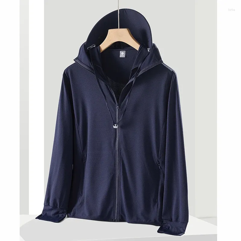 Giacche da uomo Primavera Estate Uomo Giacca di protezione solare con cappuccio Capispalla Maschile Tessuto a rete Cappotto accogliente Grigio Blu Navy Bianco Abbigliamento 2024