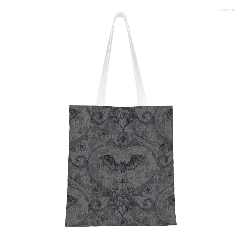 Sacos de compras Halloween bruxa morcegos mercearia kawaii impressão lona shopper bolsa de ombro lavável bolsa de renda gótica