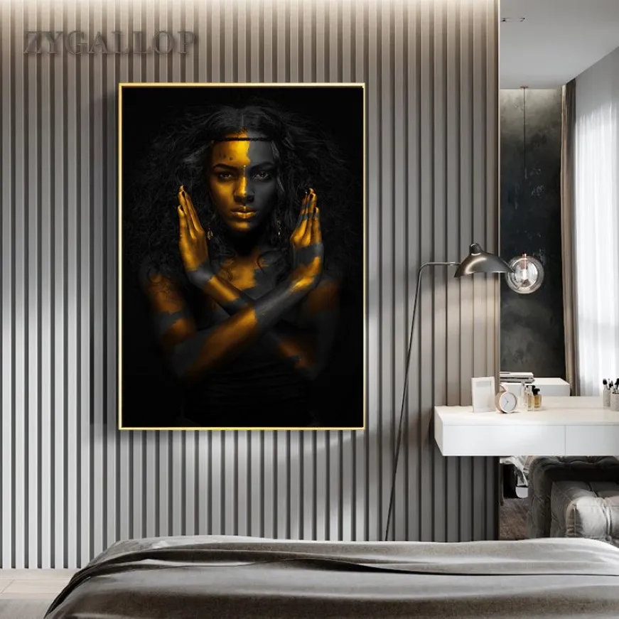 ゴールドブラックウーマンキャンバス絵画アフリカンアートウーマンポスターリビングルームの壁の写真のためのモダンな絵画家装飾cuadro269s