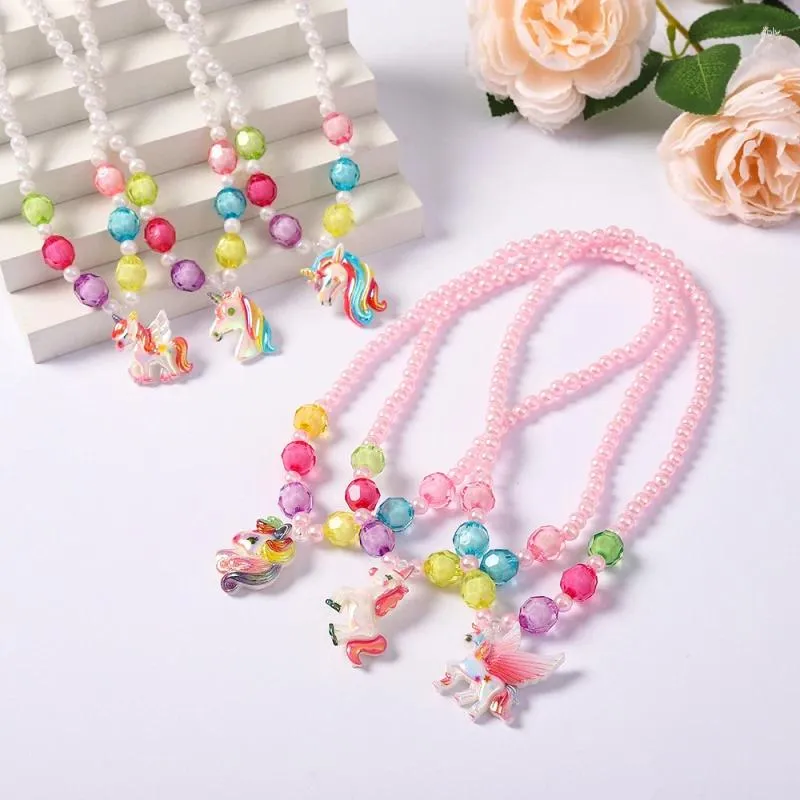 Chaînes 2pcs enfants doux collier bracelet ensemble pendentif mignon rose violet perles filles perles bricolage bijoux en gros