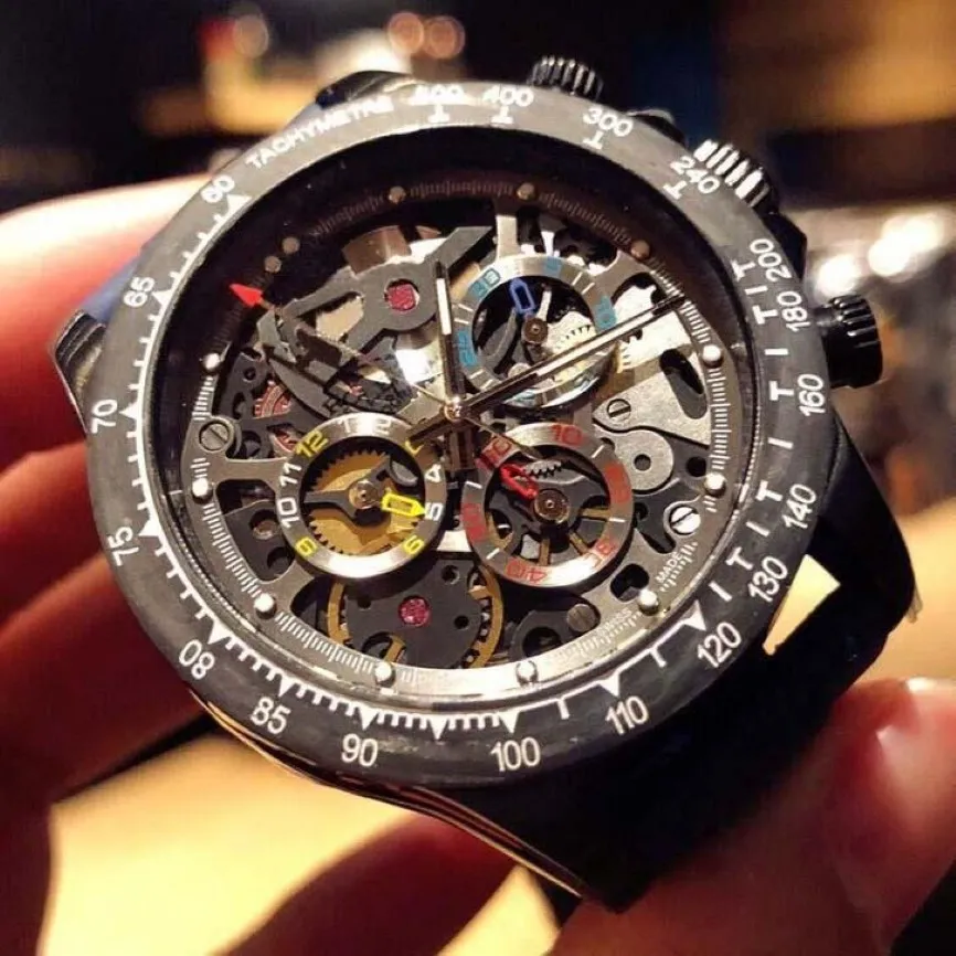 腕時計ラバーウォッチバンドカーボンファイバーベゼルホローダイヤル折りたたみバックル多機能クォーツムーブメント全体とRetail2196