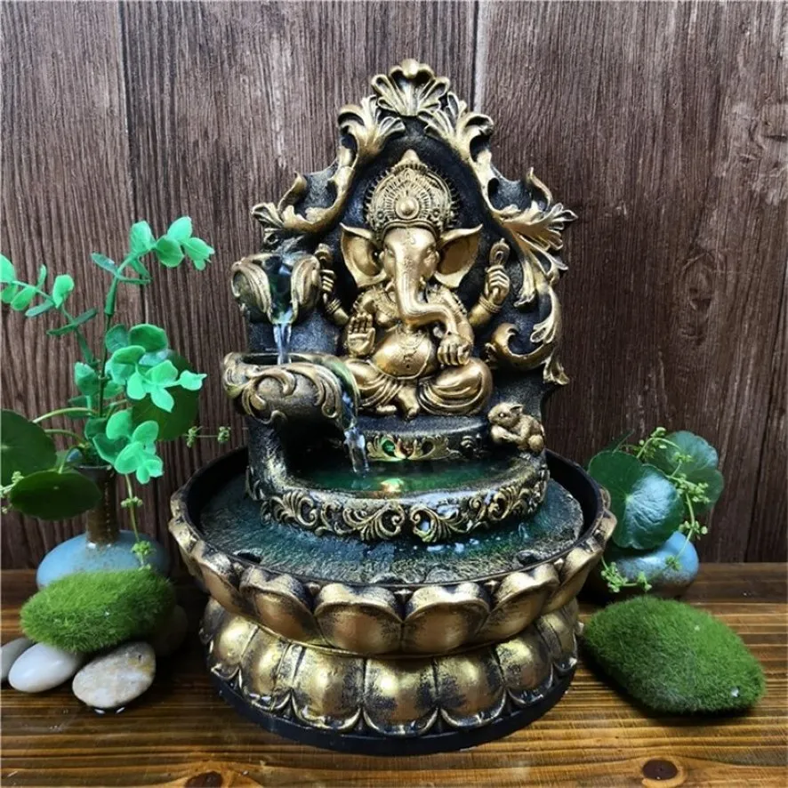 Ręcznie robione hinduskie ganesha statua Halna fontanna wodna LED LED Waterscape Dekoracje domu Lucky Feng Shui Ozdoby powietrzne T20032183