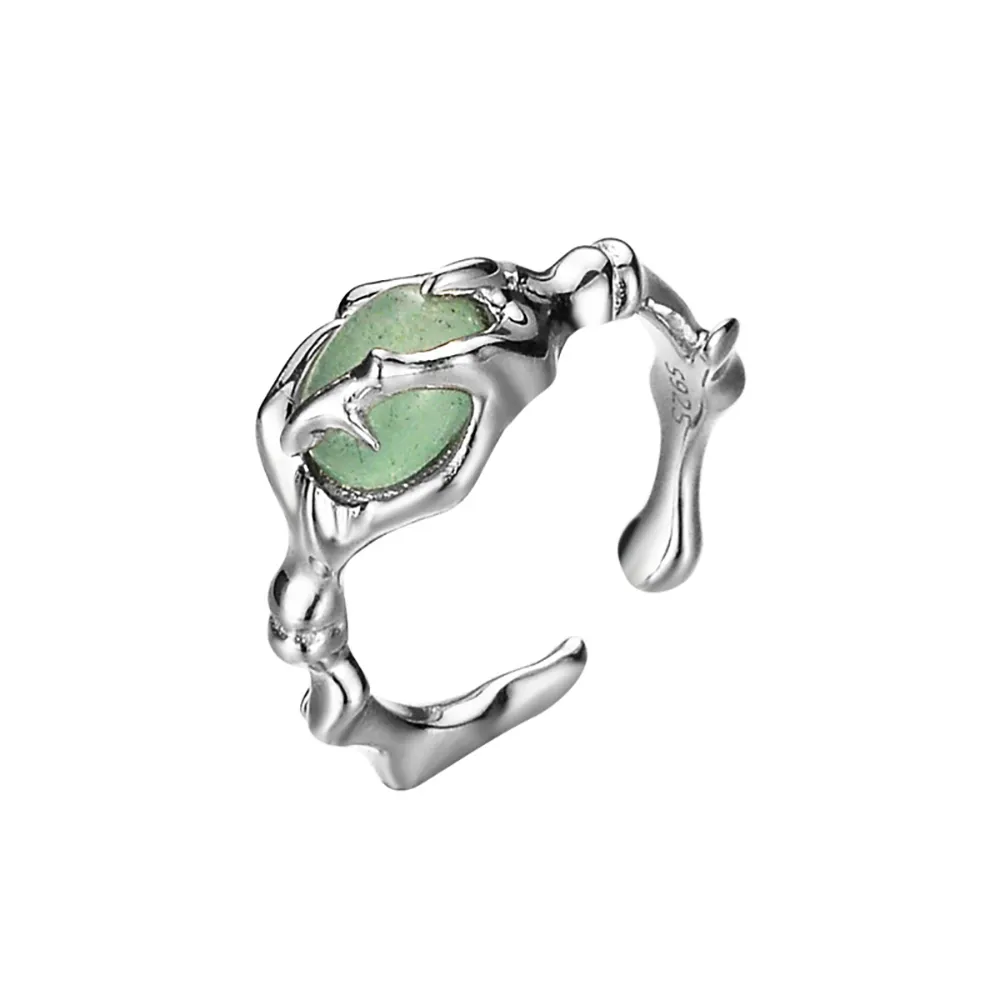 Damen-Ring, farblos, S925, reines Silber, grüne Jade, Bambus-Verbindungsring, Modeschmuck