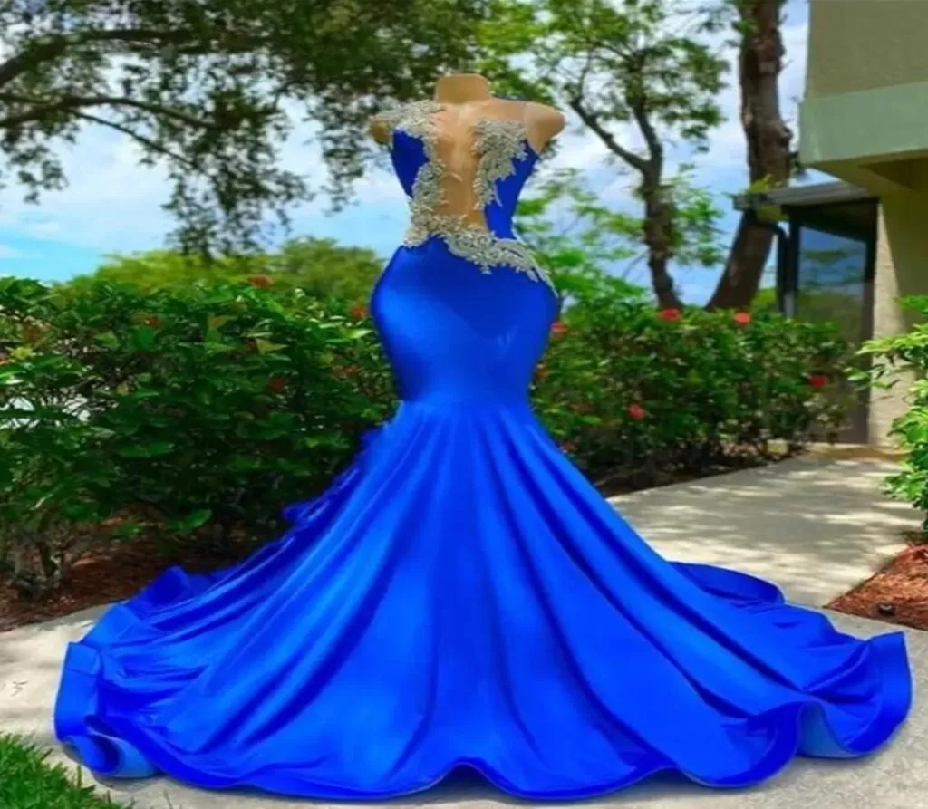 Royal Blue Sheer Crew Neck Long Mermaid Prom Dresses Black Girls 2023 Applices Birthday Party Backless Evening Clowns Robe de Bal 2599281