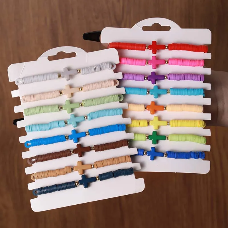 8pcs Cross Bracelets Set+Card Soft Clay Friendship Charm Surmele Denect Heishi Beads Frans Summer Summer Boho Jewelry Men Gifts Gifts