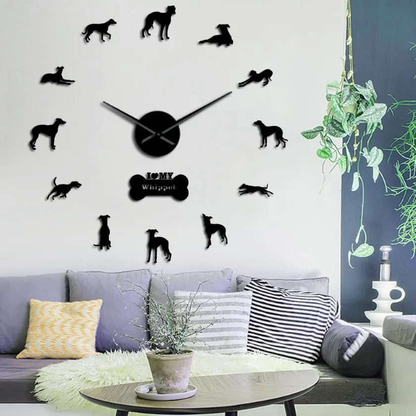 Överdimensionerad whippet hundporträtt 3d akryl diy väggklocka italiensk Greyhound Canine Animal Mirror Effect Wall Stickers Clock Watch 2246T